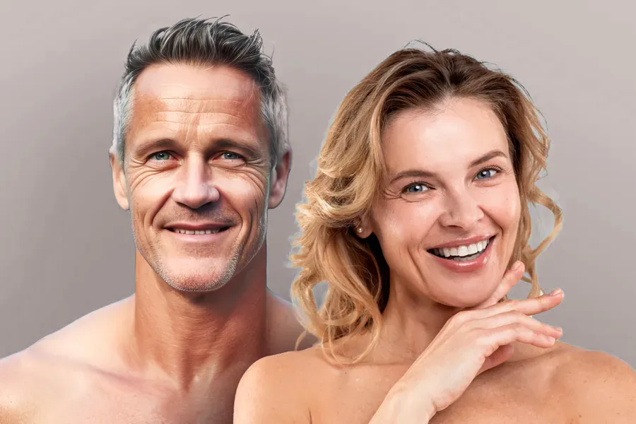 A middle-aged couple with smooth, beautiful skin. Get Biotin IV therapy from Balanced Medical Solutions in San Francisco Bay Area.