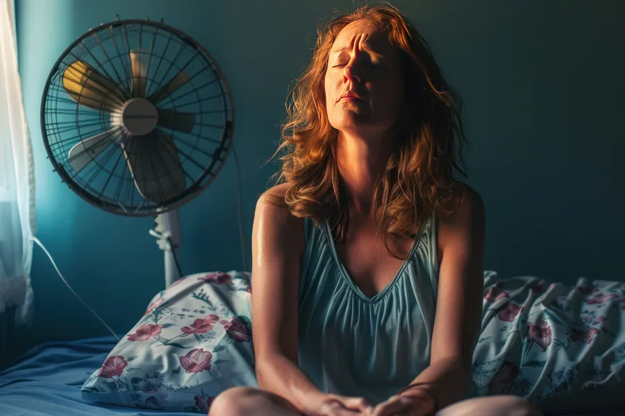 A middle-aged red-haired woman sits in bed sweating with a fan behind her, unable to sleep. Get treatment for hot flashes and night sweats from Balanced Medical Solutions in San Francisco Bay Area.