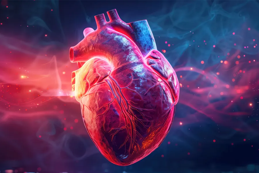 3D illustration of a human heart with waves of energy flowing through it. Schedule plaquex IV therapy from Balanced Medical Solutions in San Francisco Bay Area.