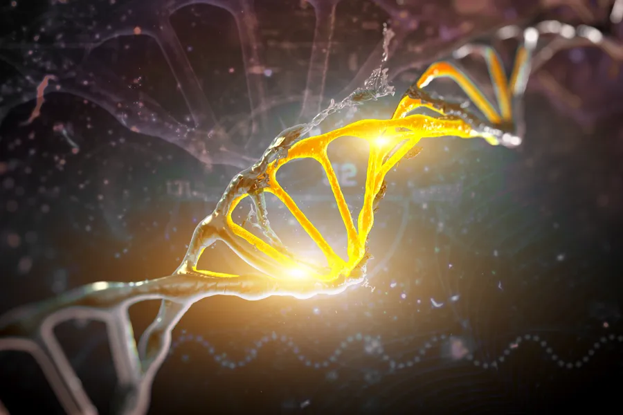 3D illustration of a gold-glowing DNA strand. Get Stem Cell IV Therapy from Balanced Medical Solutions in San Francisco Bay Area.