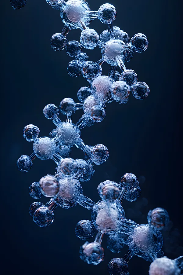 bpc-157-peptides 3D illustration of a molecule strand. Get BPC 157 peptide therapy from Balanced Medical Solutions in San Francisco Bay Area.