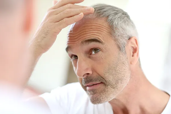 prp-microneedling-doctors A mature man looks at his thinning hair in the mirror. Get PRP microneedling scalp injections from Balanced Medical Solutions in San Francisco Bay Area.
