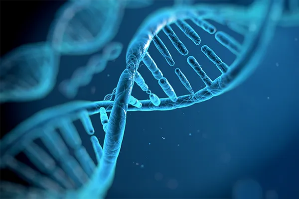 Close up of a DNA strand in blue tones. Get regenerative medicine treatment from Balanced Medical Solutions in San Francisco Bay Area.
