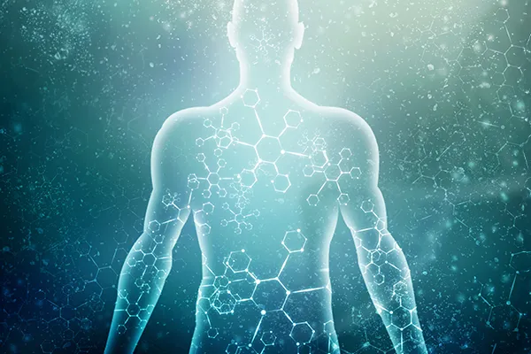 3D illustration of the outline of a human body against a background of linked hexagons. Schedule exosome tissue repair from Balanced Medical Solutions in San Francisco Bay Area.